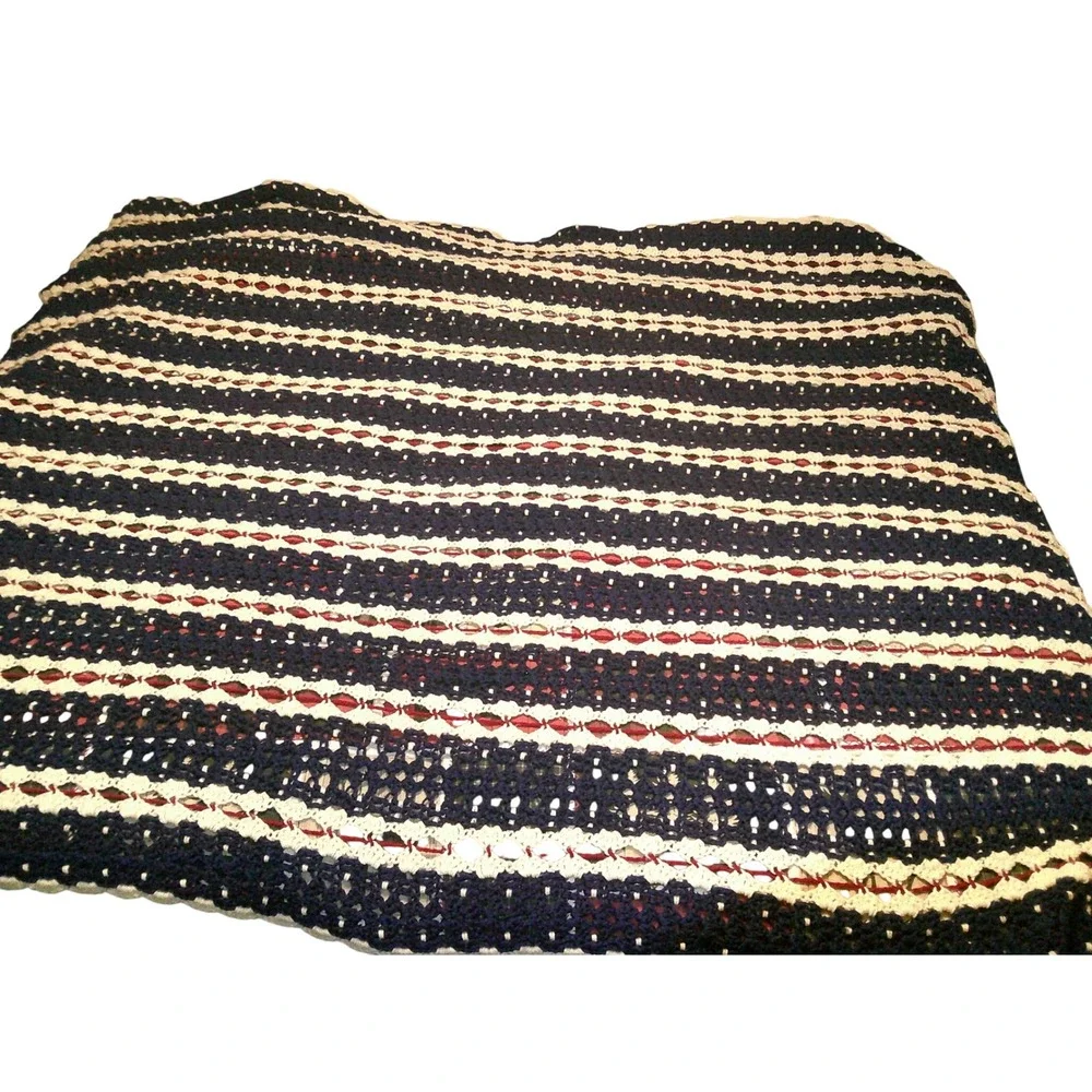 Vintage Handmade Crochet Blanket Patriotic Red White Blue Large Queen Size 96x88